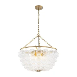 Brass Draped Ribbed Glass Bubble Round Pendant Chandelier