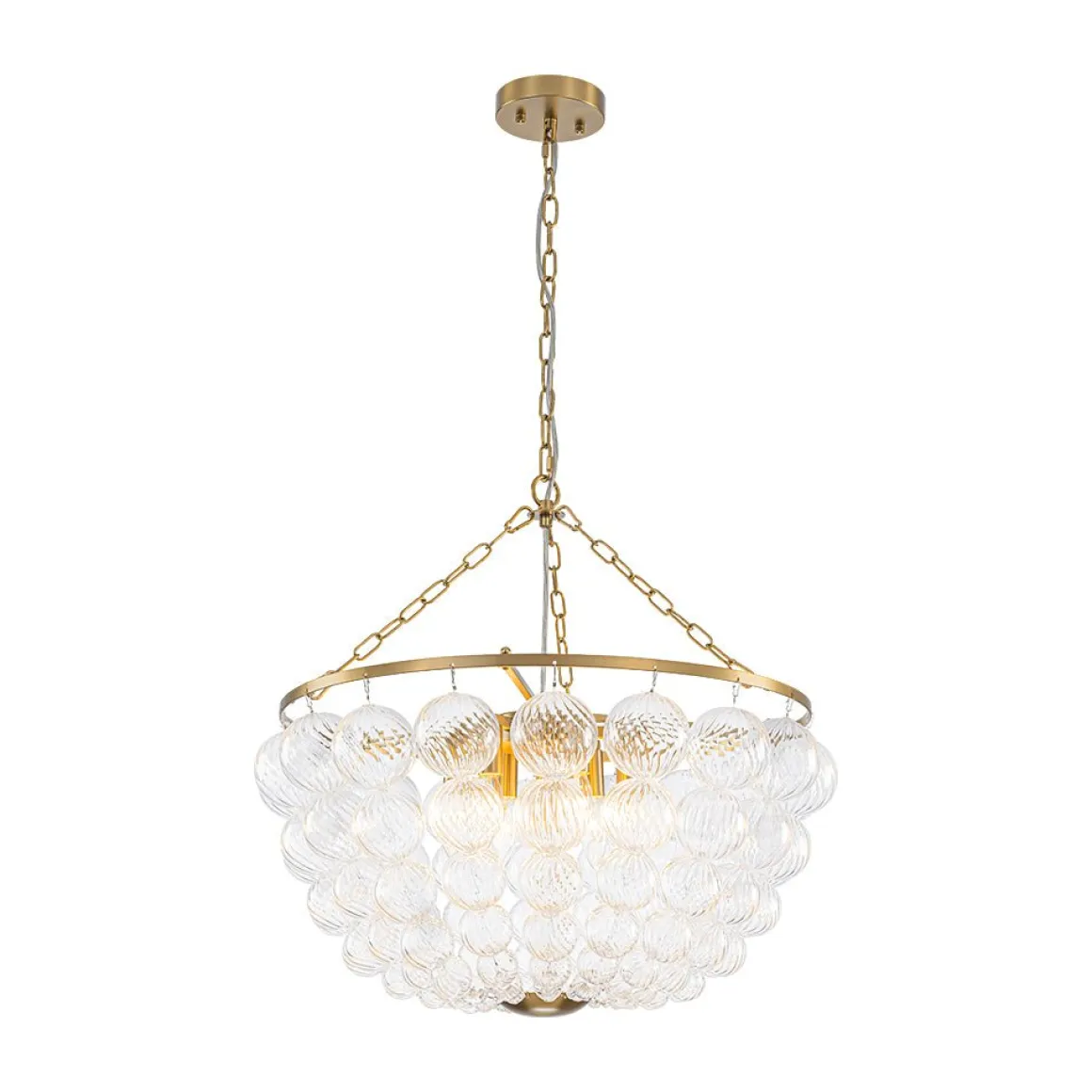 Brass Draped Ribbed Glass Bubble Round Pendant Chandelier