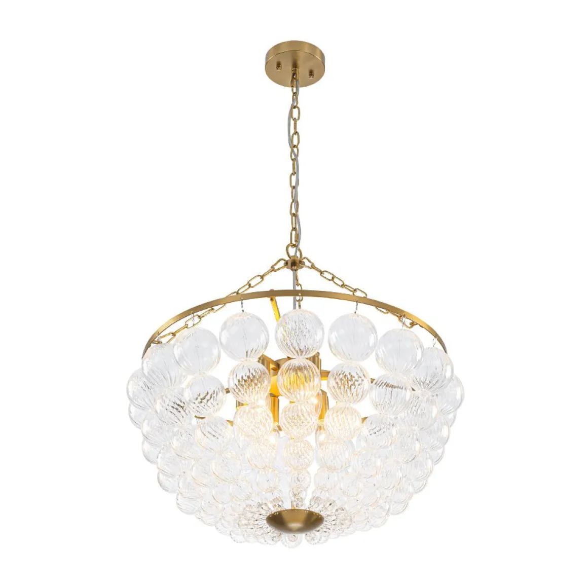 Brass Draped Ribbed Glass Bubble Round Pendant Chandelier