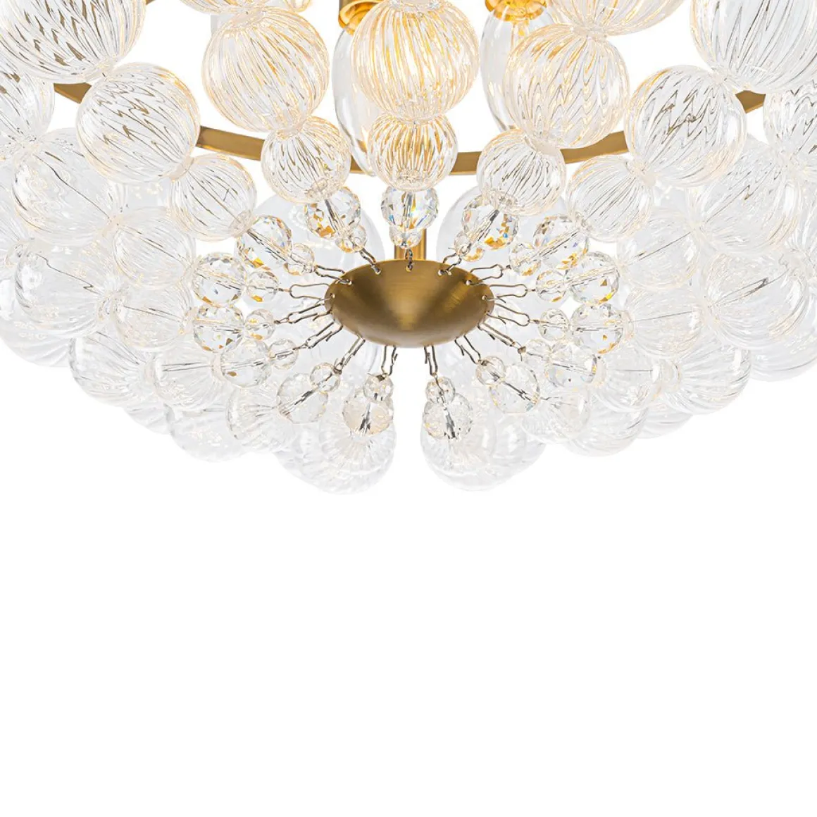 Brass Draped Ribbed Glass Globe Round Semi Flush Chandelier