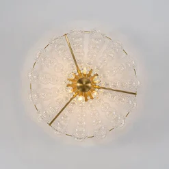 Brass Draped Ribbed Glass Globe Round Semi Flush Chandelier