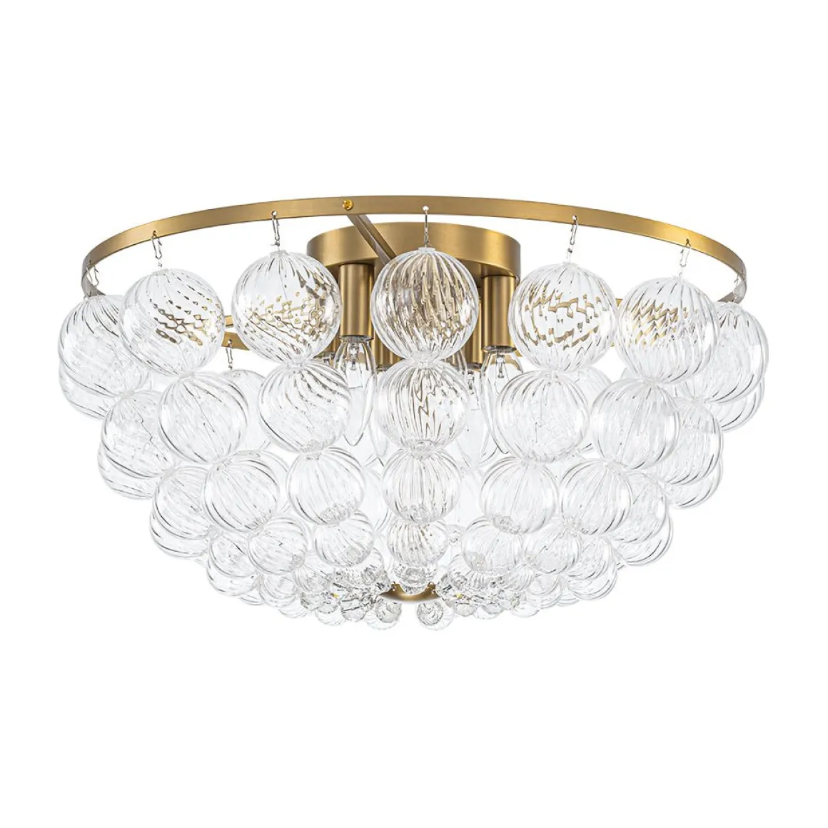 Brass Draped Ribbed Glass Globe Round Semi Flush Chandelier