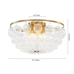Brass Draped Ribbed Glass Globe Round Semi Flush Chandelier
