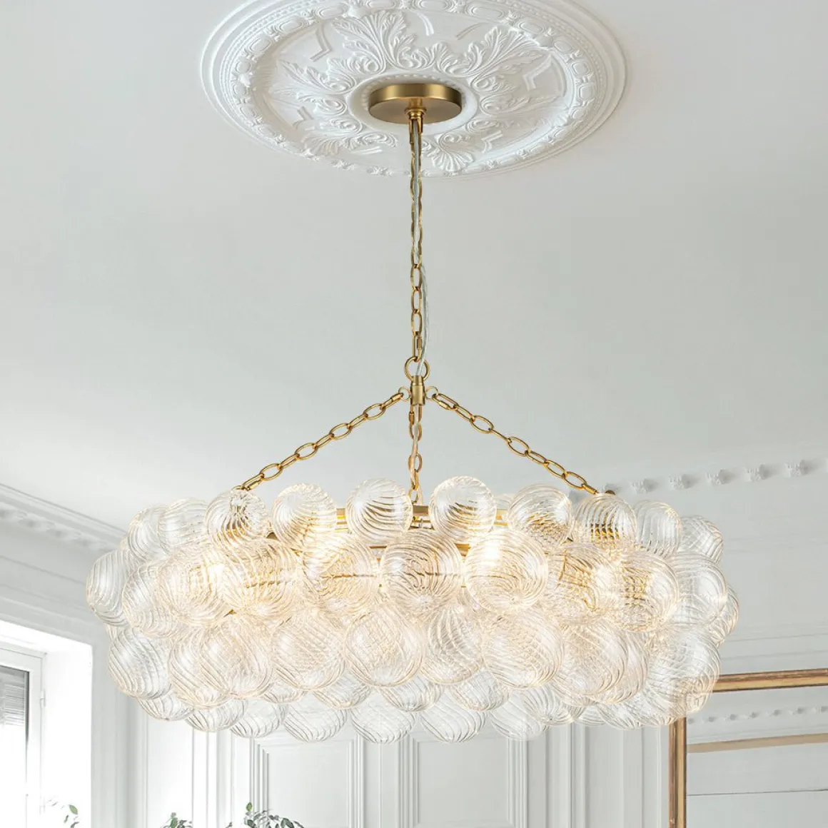 Brass Halo Ribbed Glass Globe Bubble Ring Chandelier