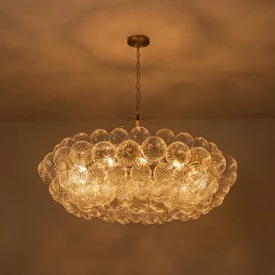 Brass Halo Ribbed Glass Globe Bubble Ring Chandelier