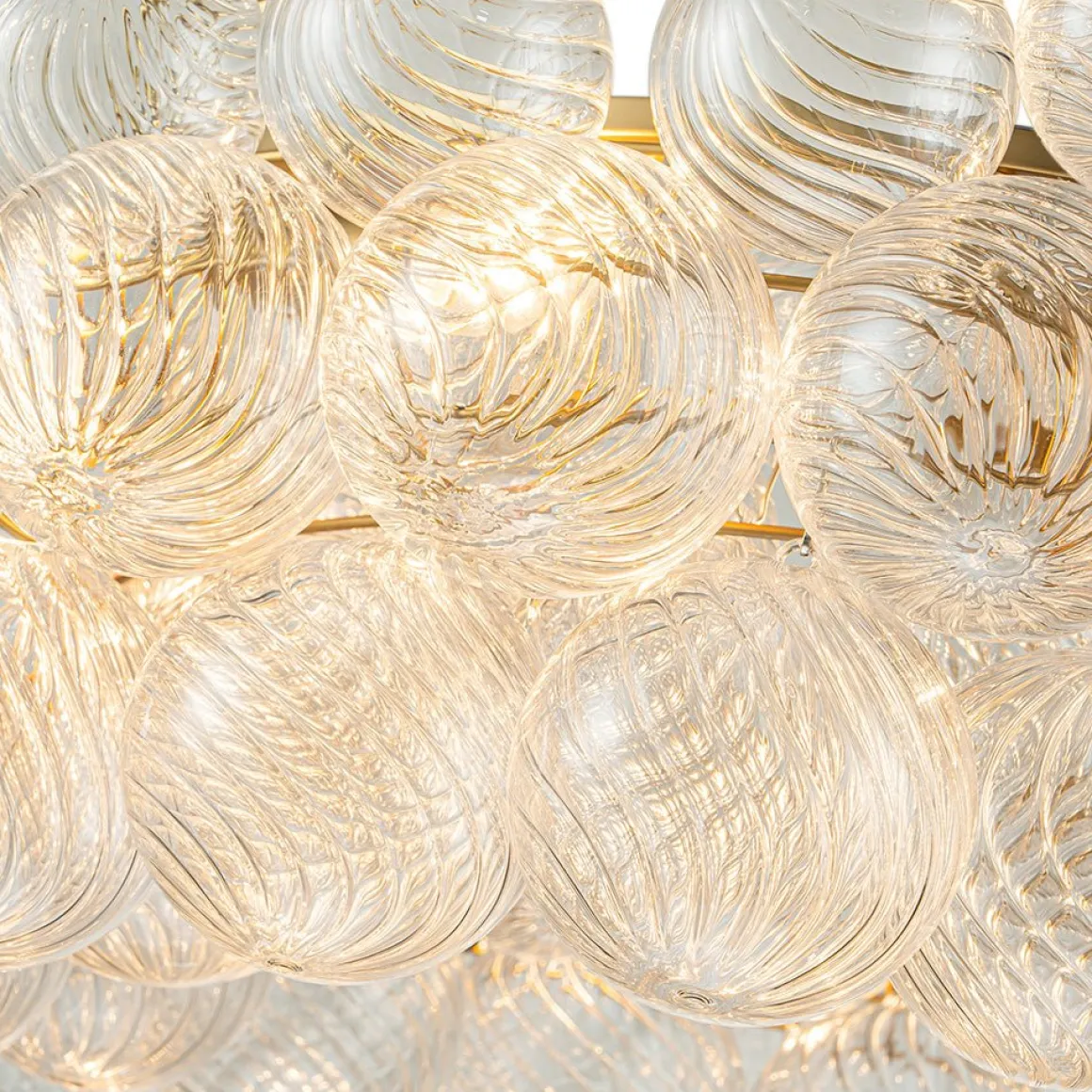 Brass Halo Ribbed Glass Globe Bubble Ring Chandelier