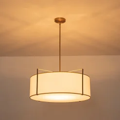 Brass Large White Fabric Drum Cage Chandelier