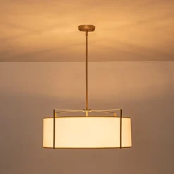 Brass Large White Fabric Drum Cage Chandelier