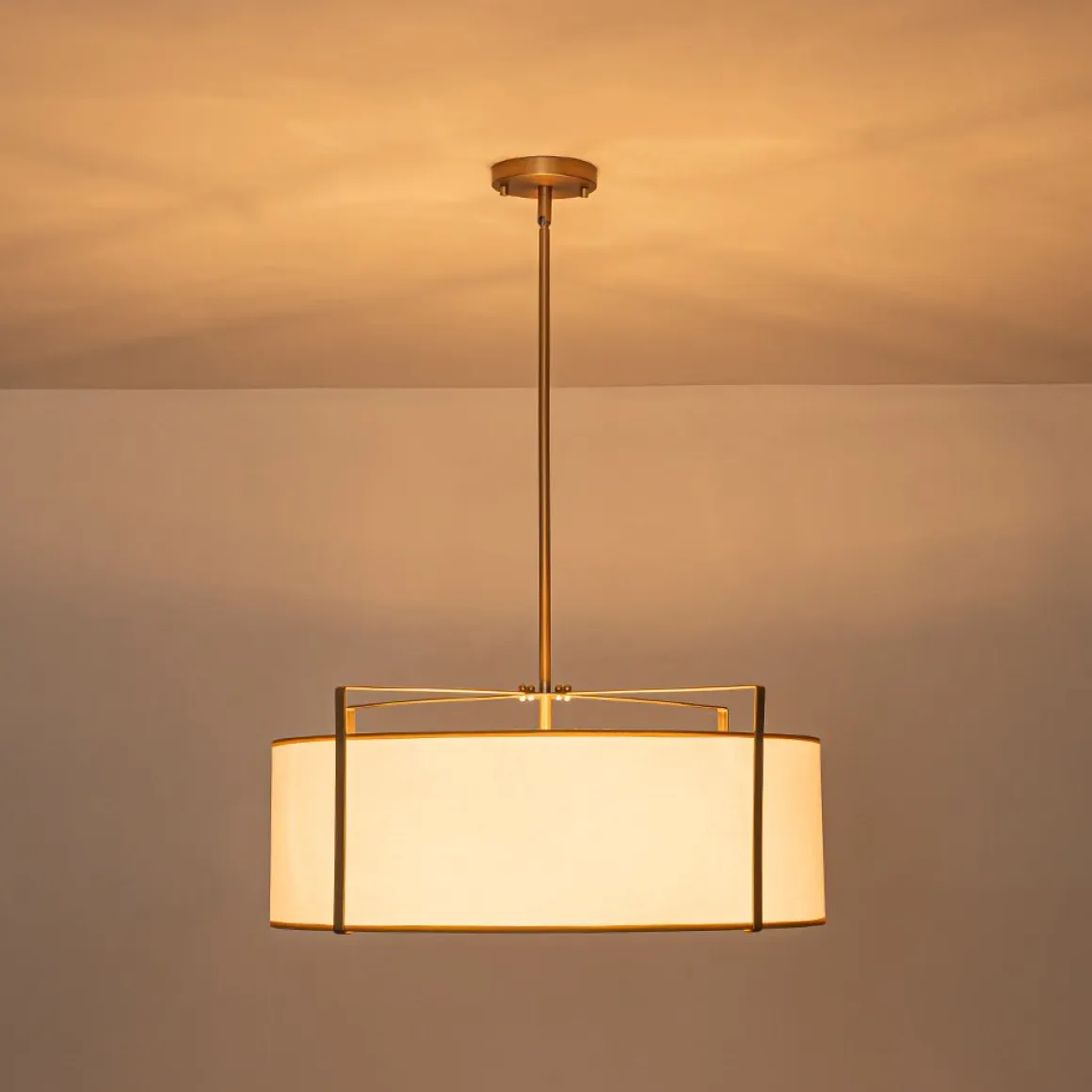 Brass Large White Fabric Drum Cage Chandelier