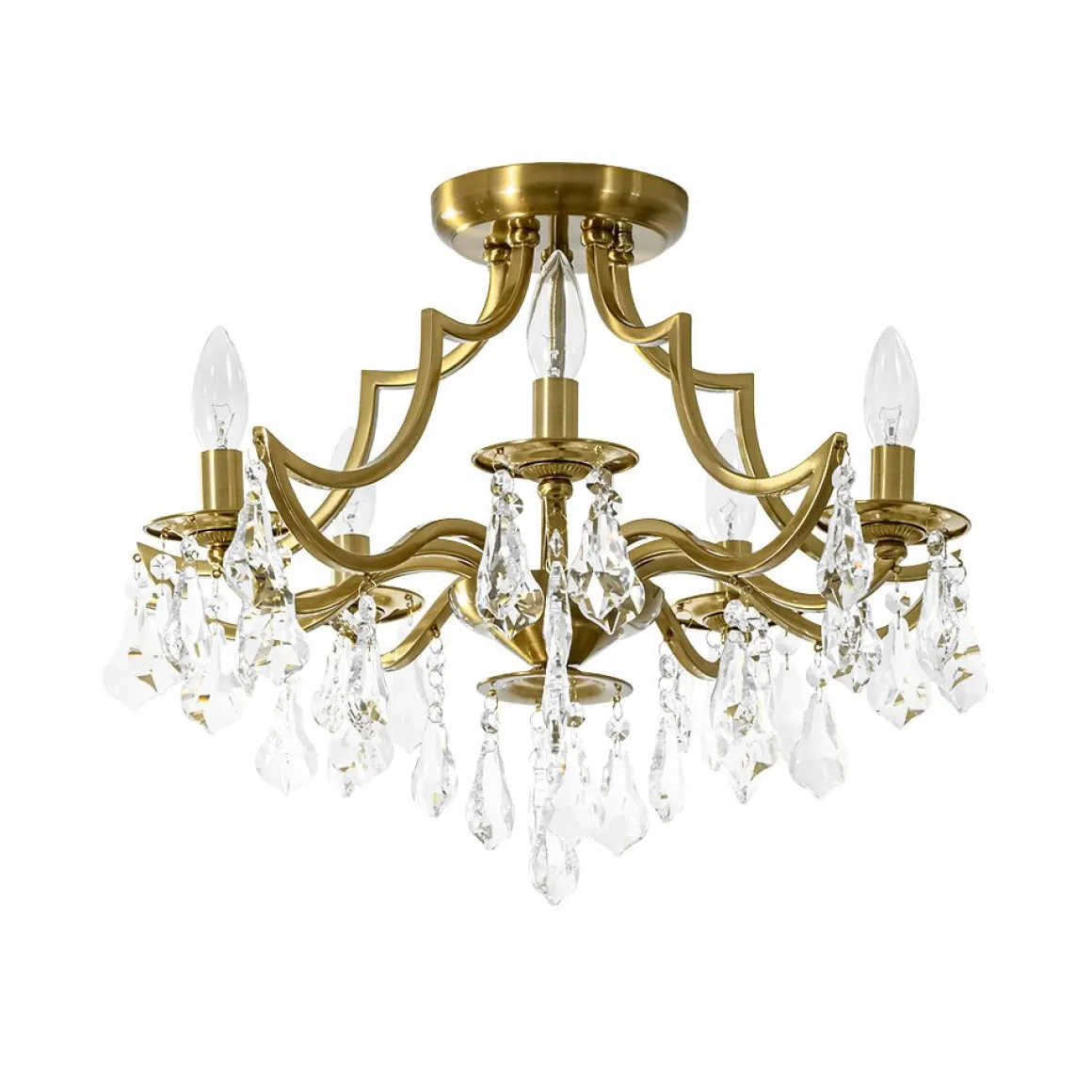 Brass 5-Light Candle Style Crystal Crown Semi Flush Mount