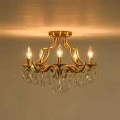 Brass 5-Light Candle Style Crystal Crown Semi Flush Mount