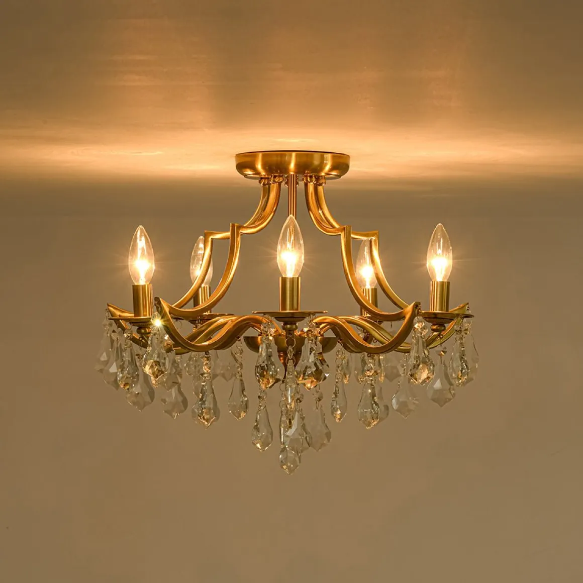Brass 5-Light Candle Style Crystal Crown Semi Flush Mount
