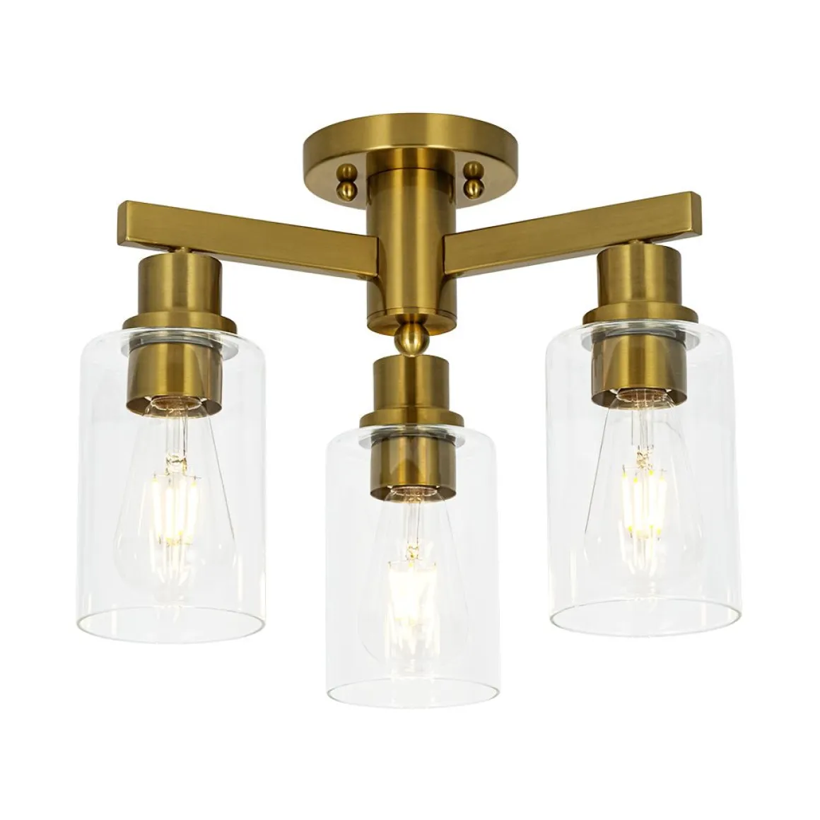 Brass 3-Light Clear Glass Cylinder Semi Flush Mount