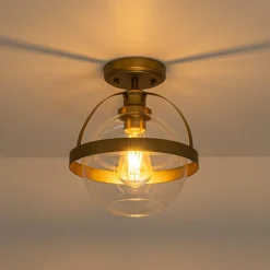 Brass 1-Light Clear Glass Sphere Globe Semi-Flush Mount