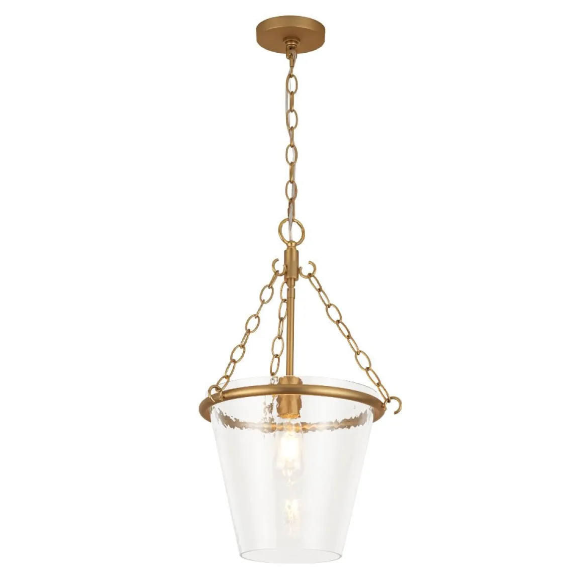 Brass 1-Light Clear Textured Glass Conical Cage Pendant