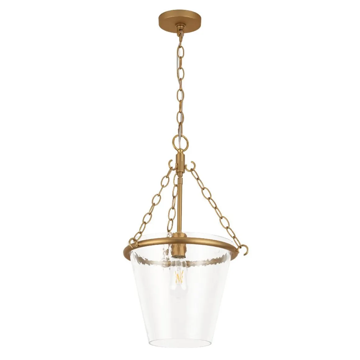 Brass 1-Light Clear Textured Glass Conical Cage Pendant