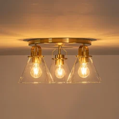 Brass 3-Light Glass Conical Shade Round Ceiling Light