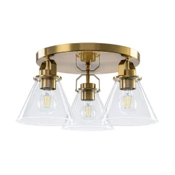Brass 3-Light Glass Conical Shade Round Ceiling Light