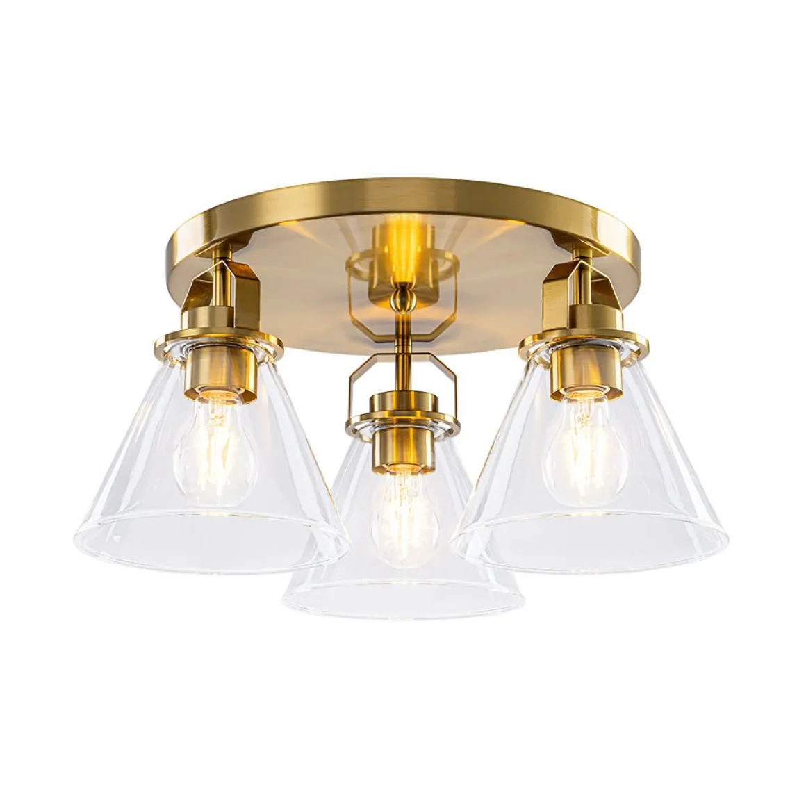 Brass 3-Light Glass Conical Shade Round Ceiling Light