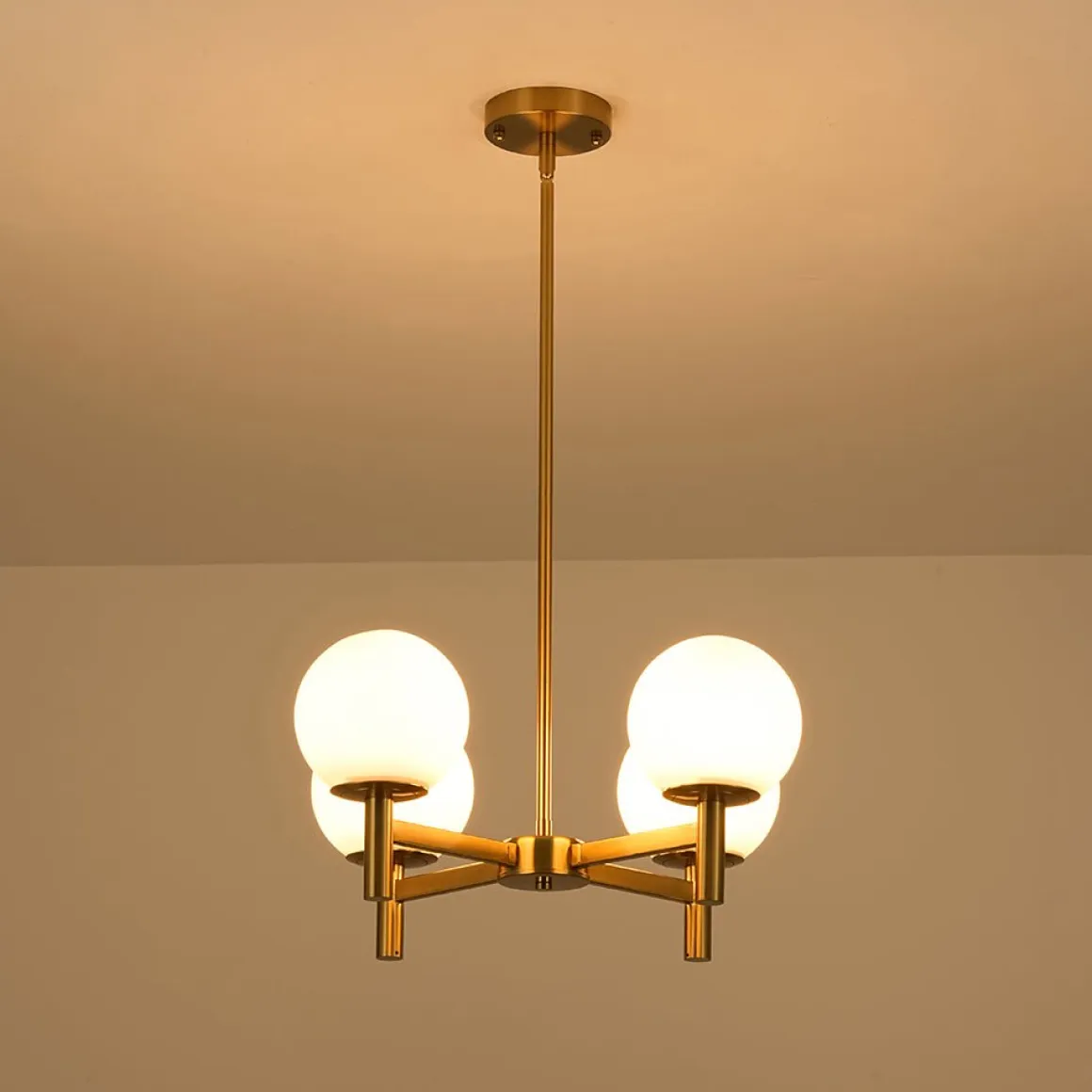 Brass 4-Light Opal Glass Globe Round Sputnik Chandelier