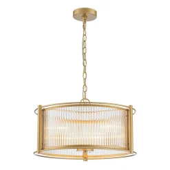 Brass 3-Light Ribbed Glass Drum Lantern Pendant Light