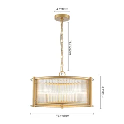 Brass 3-Light Ribbed Glass Drum Lantern Pendant Light