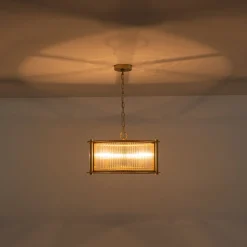 Brass 3-Light Ribbed Glass Drum Lantern Pendant Light