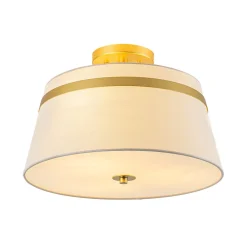 Brass 3-Light White Fabric Drum Cage Semi Flush Mount