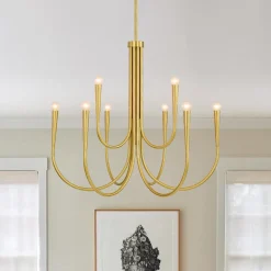 Brass Mid-Century Minimalist Tiered Candle Style Chandelier