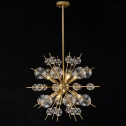 Brass Ribbed Glass Globe Bubble Sputnik Sunburst Chandelier