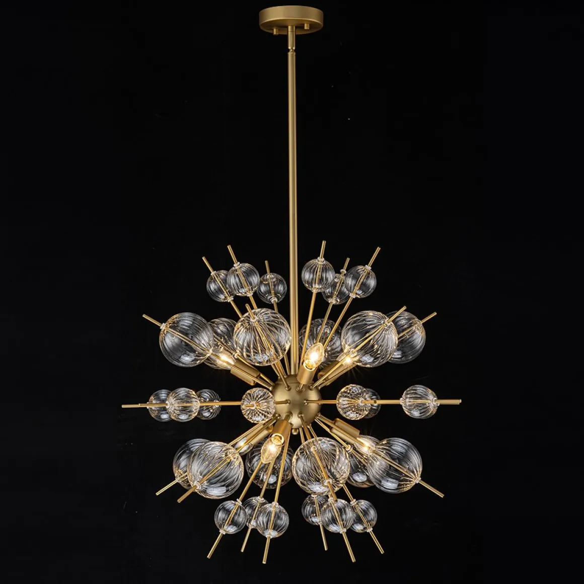 Brass Ribbed Glass Globe Bubble Sputnik Sunburst Chandelier