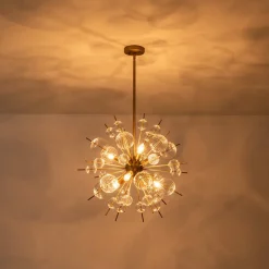 Brass Ribbed Glass Globe Bubble Sputnik Sunburst Chandelier