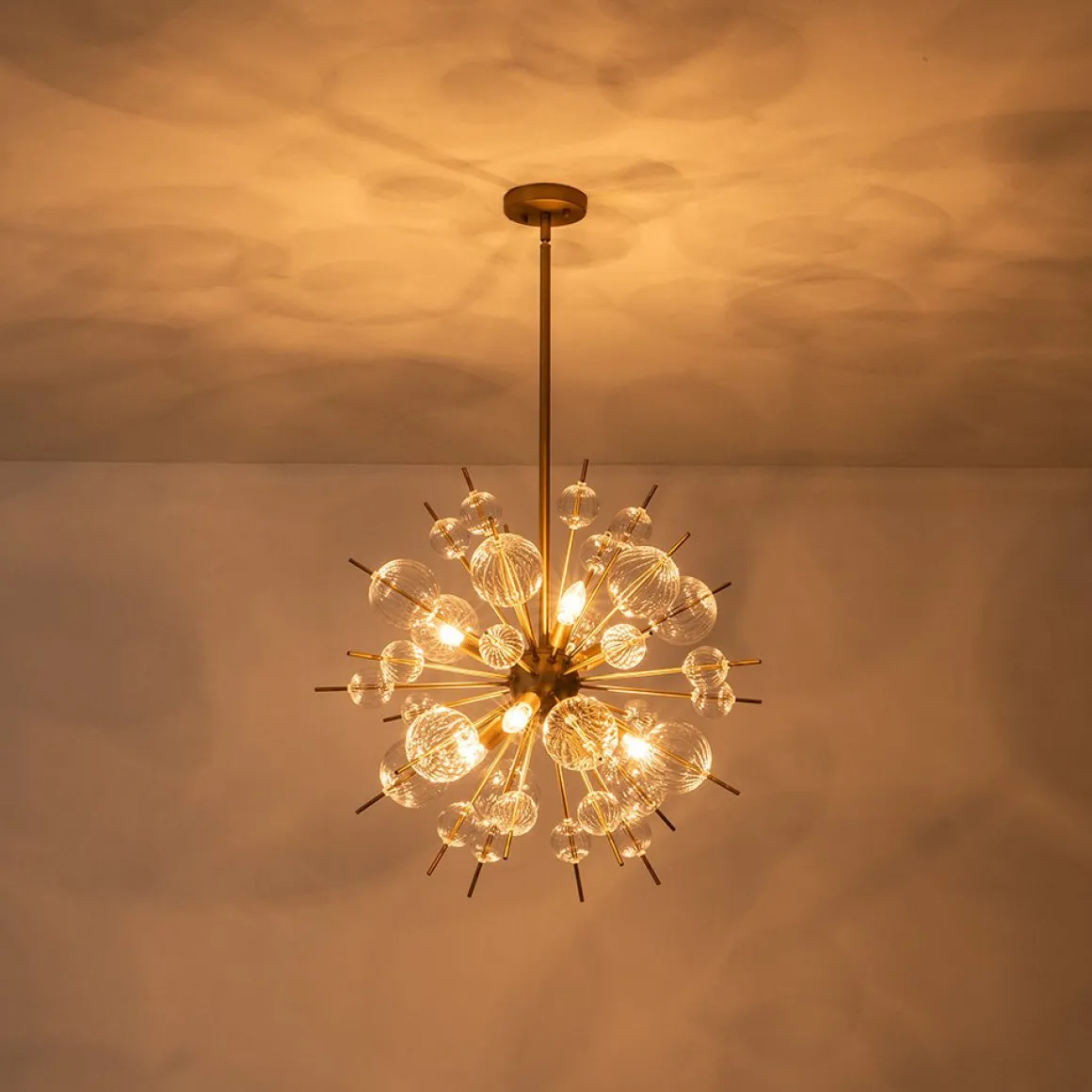 Brass Ribbed Glass Globe Bubble Sputnik Sunburst Chandelier