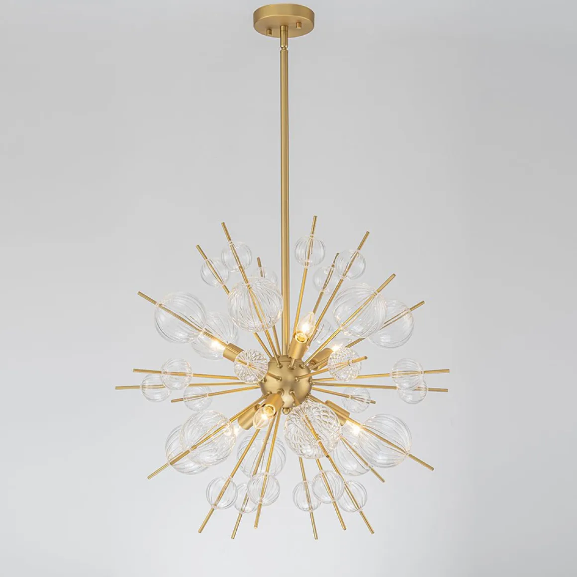 Brass Ribbed Glass Globe Bubble Sputnik Sunburst Chandelier