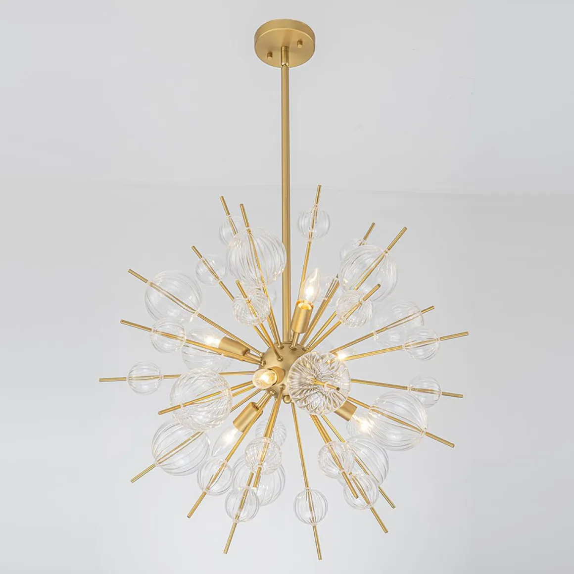 Brass Ribbed Glass Globe Bubble Sputnik Sunburst Chandelier