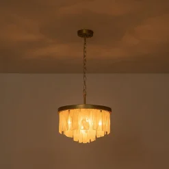 Brass Round Tiered Opal Swirl Glass Pendant Chandelier