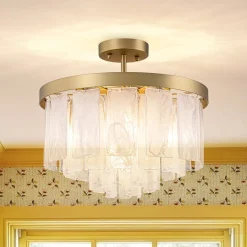 Brass Round Tiered Opal Swirl Glass Pendant Chandelier