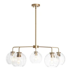 Brass Striped Ribbed Glass Globe 5-light Sputnik Chandelier