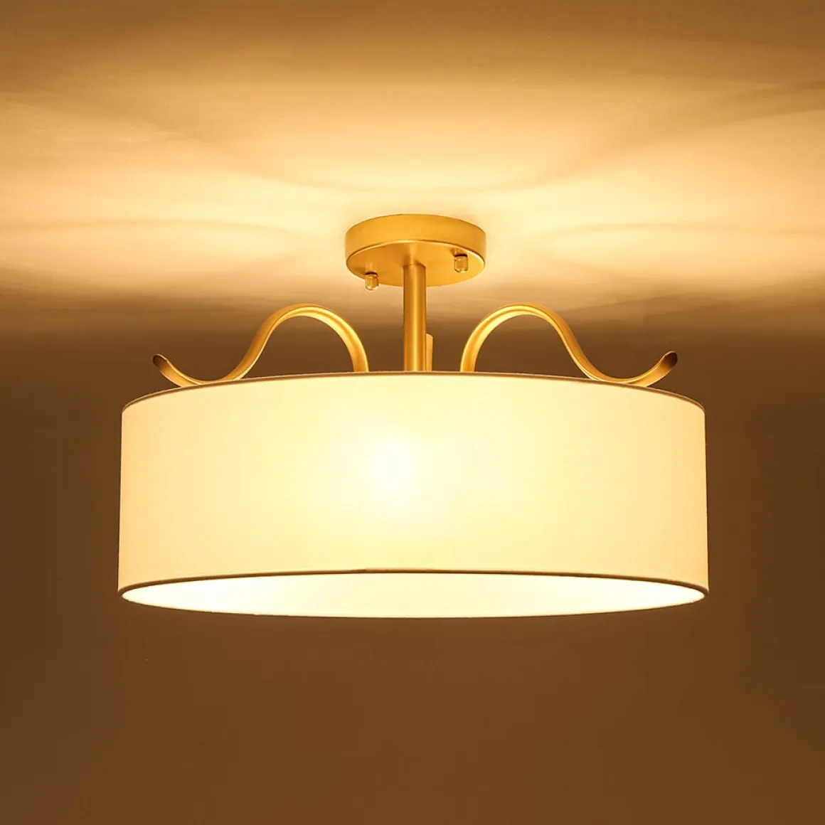 Brass White Fabric Drum Cage Semi Flush Dual Mount Chandelier
