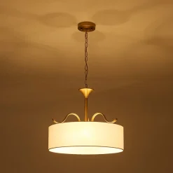 Brass White Fabric Drum Cage Semi Flush Dual Mount Chandelier