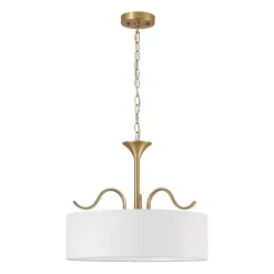 Brass White Fabric Drum Cage Semi Flush Dual Mount Chandelier