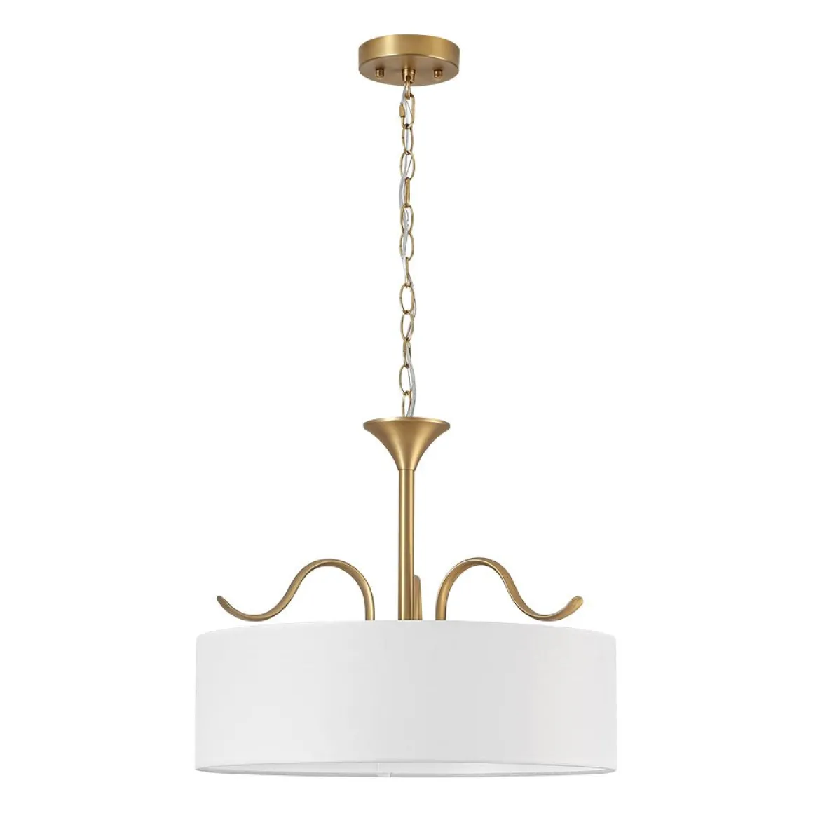 Brass White Fabric Drum Cage Semi Flush Dual Mount Chandelier