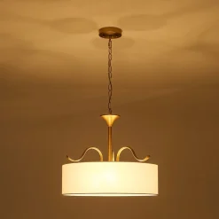 Brass White Fabric Drum Cage Semi Flush Dual Mount Chandelier
