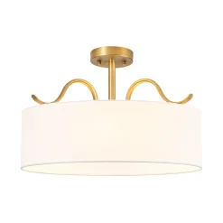 Brass White Fabric Drum Cage Semi Flush Dual Mount Chandelier