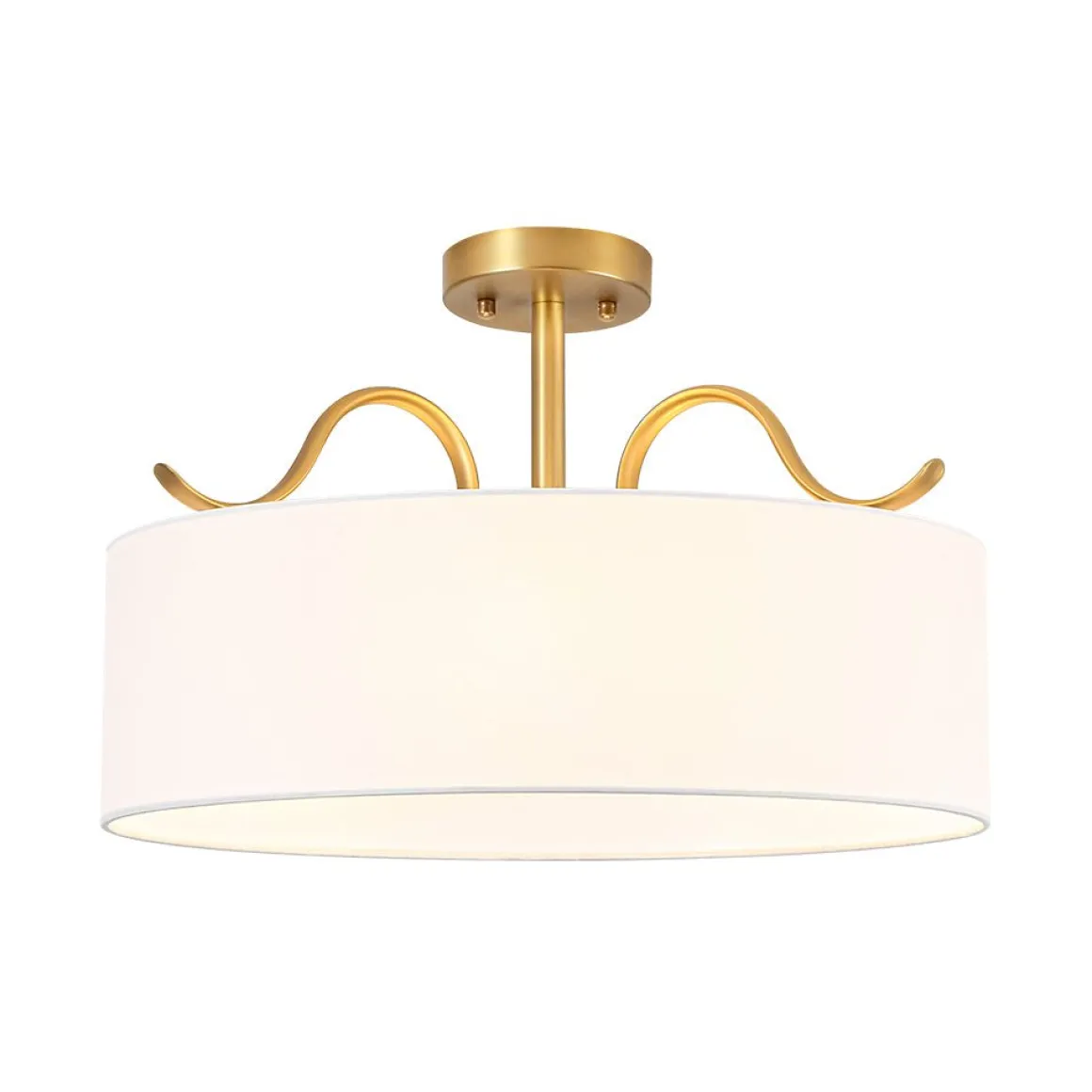 Brass White Fabric Drum Cage Semi Flush Dual Mount Chandelier