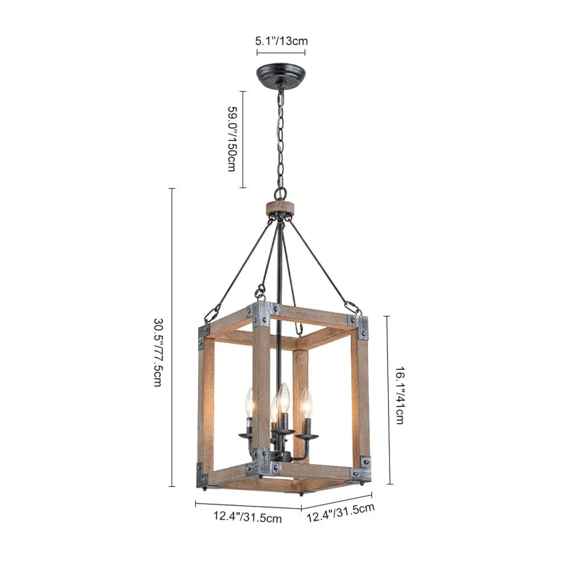 Candle Style Weathered Wooden Square Cage Pendant Light