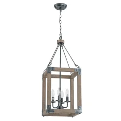 Candle Style Weathered Wooden Square Cage Pendant Light