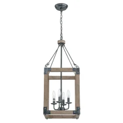 Candle Style Weathered Wooden Square Cage Pendant Light