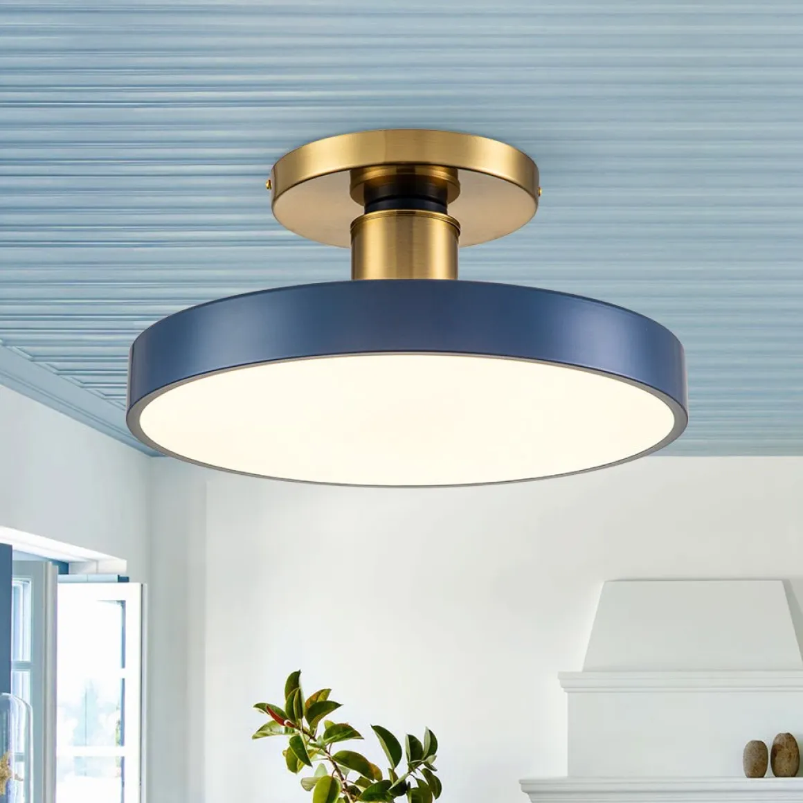 Contemporary Brass Blue Round LED Semi Flush Lighting