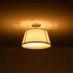 Contemporary Wide Linen Drum Brass Semi Flush Mount